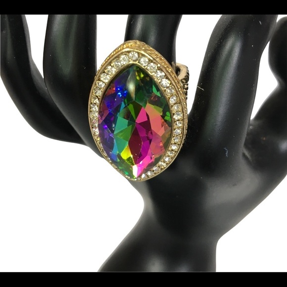 LARGE cocktail ring multi colored iridescent stone &  rhinestones - Picture 7 of 7